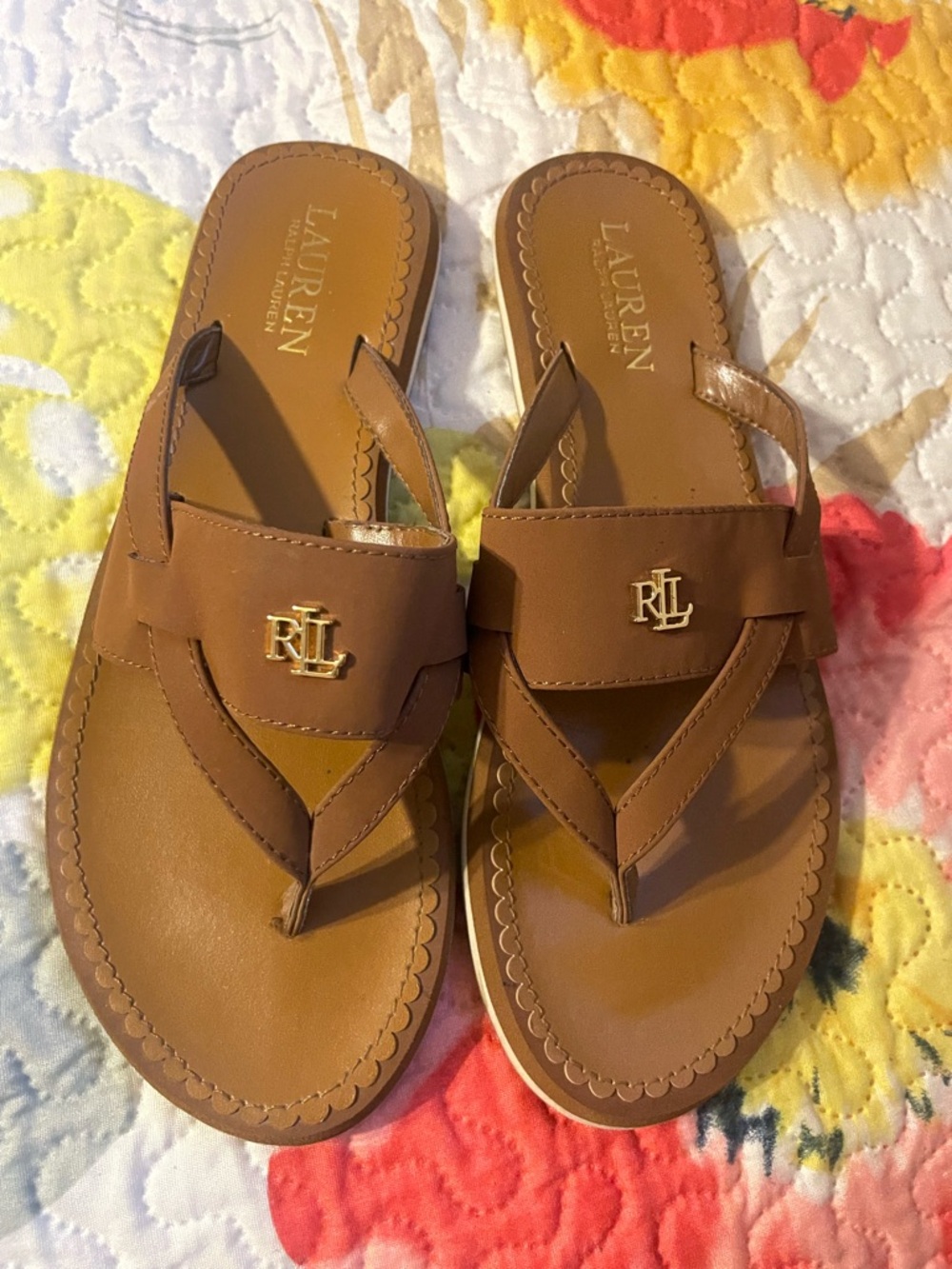 Lauren Ralph Lauren Brown Leather Logo Thong Sandals
